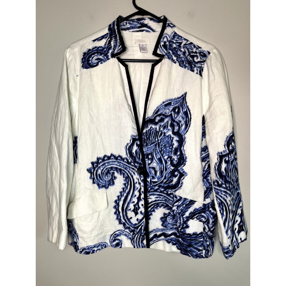Chicos Linen Willow Print Brushed Paisley Mandarin Inverted Collar Blazer 2 XL